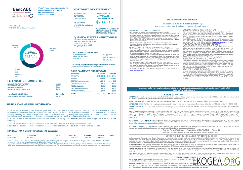 Relevé de prêt hypothécaire bancaire BancABC en Tanzanie aux formats Word et PDF, 4 pages 1, 2